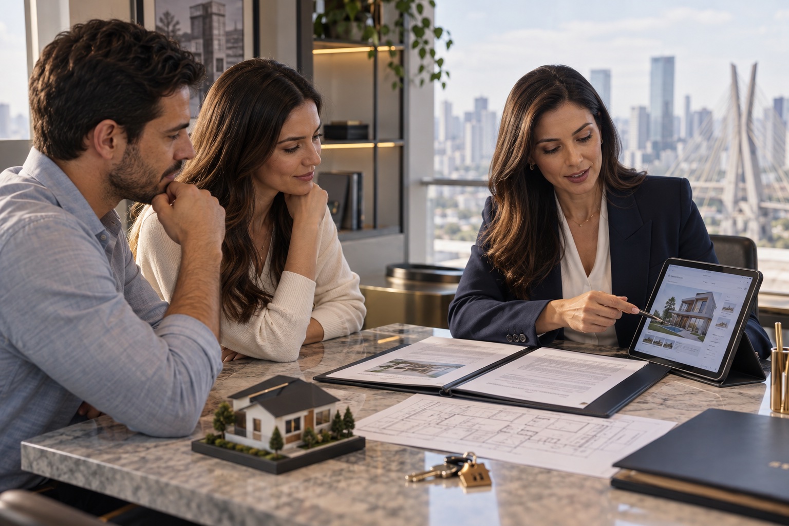 Consultora imobiliária orientando clientes sobre documentos e a compra de um imóvel