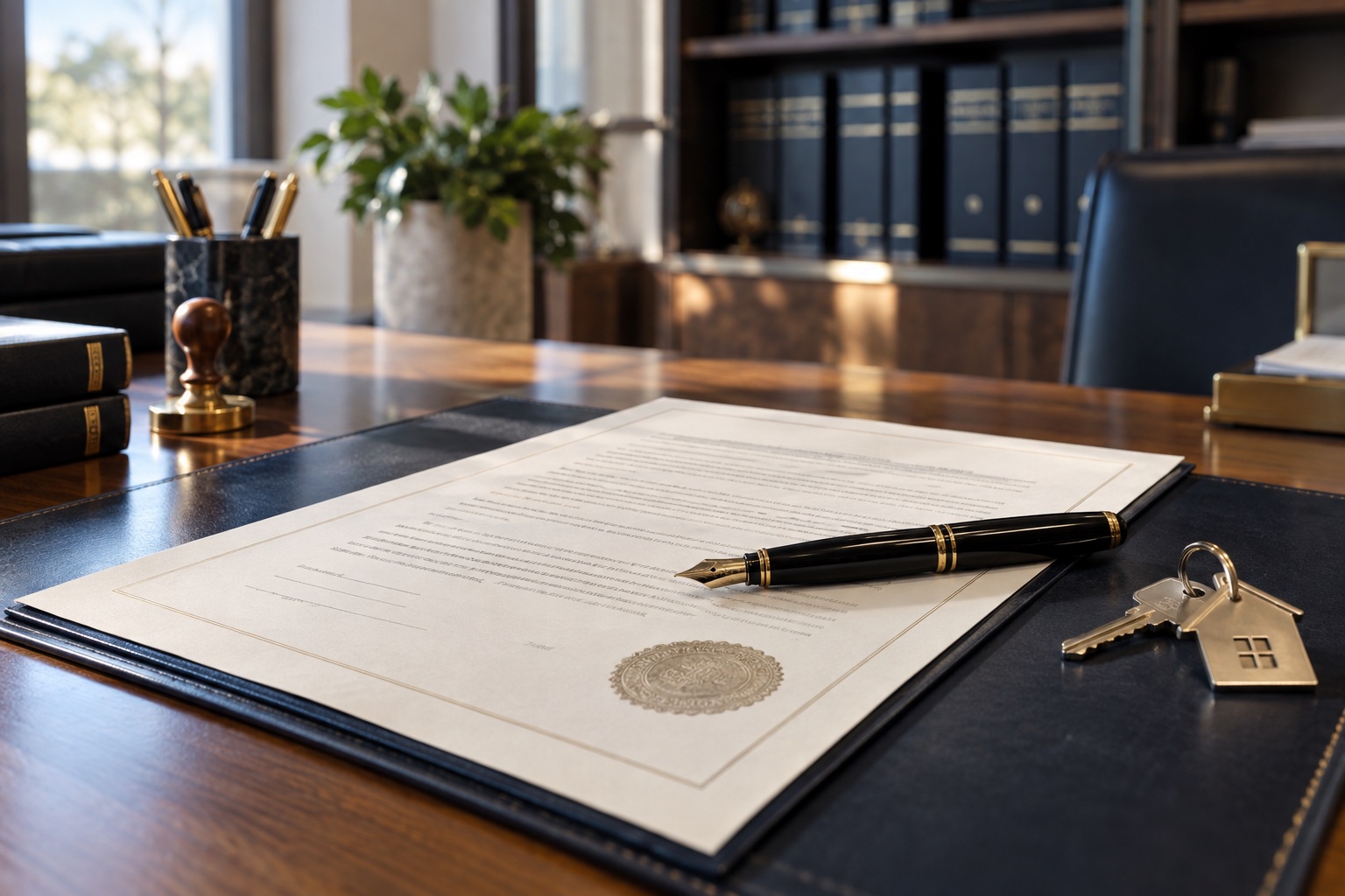 Contrato imobiliário, caneta, selo e chave sobre uma mesa de cartório