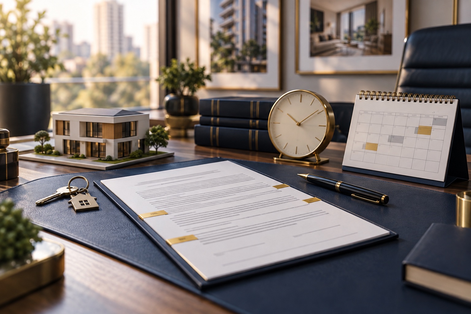 Contrato imobiliário, relógio, calendário e chave representando prazos e cláusulas contratuais